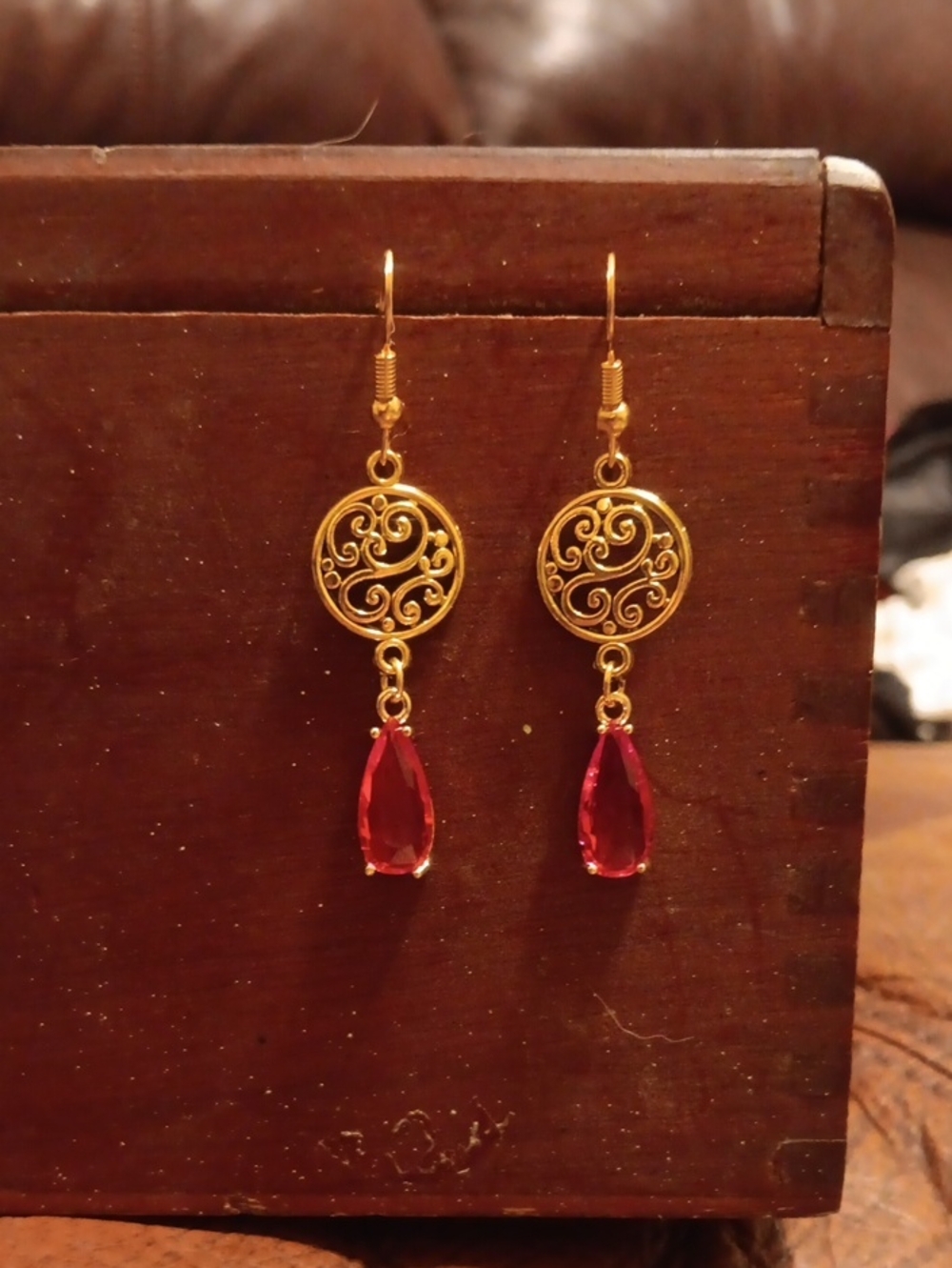 Gold Filigree Drop Earrings with Red Teardrop Crystal